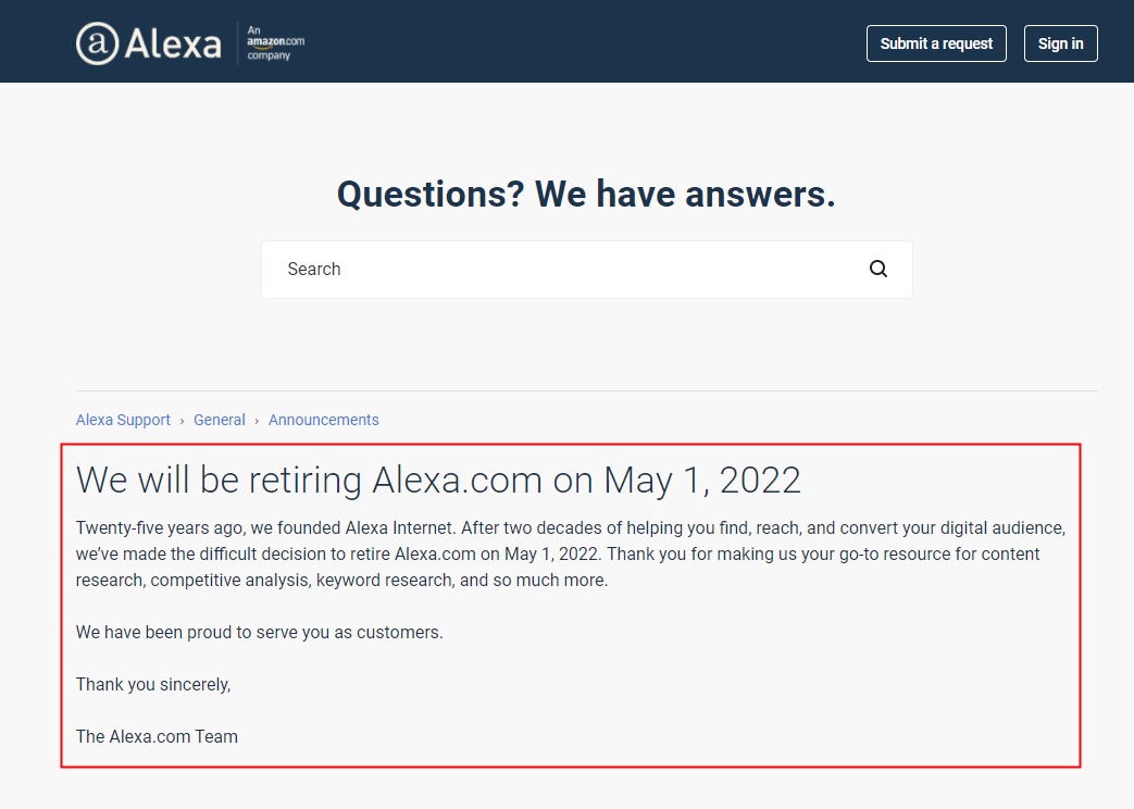 亚马逊将关闭Alexa排名网站